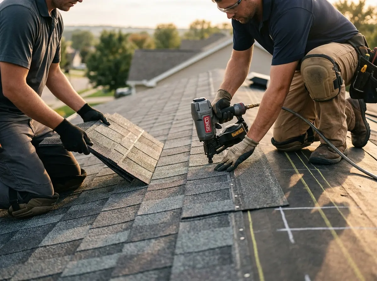 Professional roofer working on a residential roof in Austell